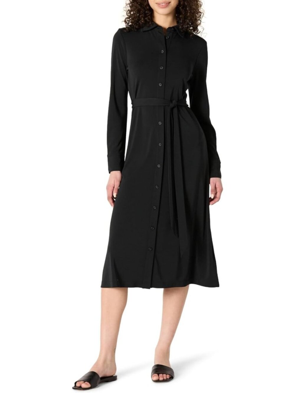 Chic Midi Length Dress with Classic Collar, Button Front & Removable Belt